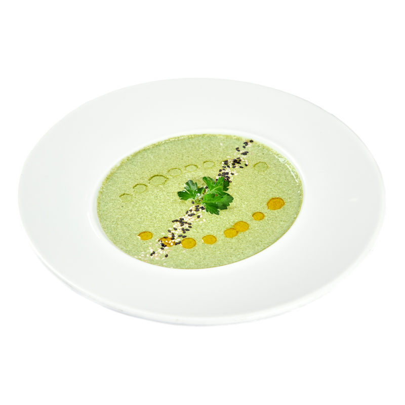 Крем-суп из шпината с коктейльными креветками 